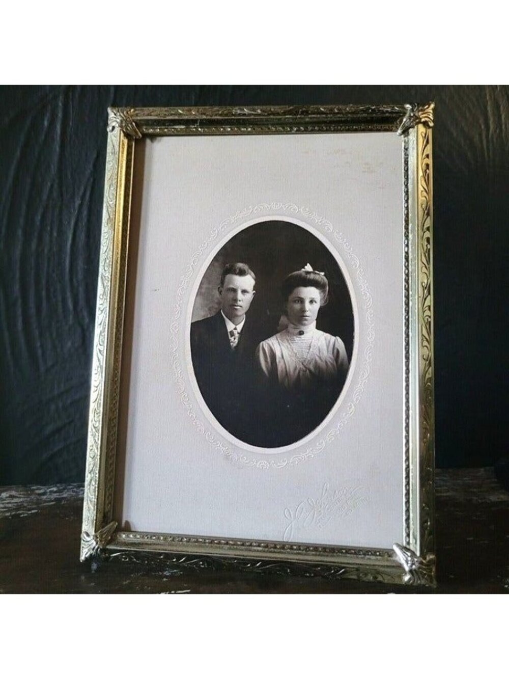 Vintage Metal Picture Frame with Antique Photo of Couple - Mollie and Elmer Reed